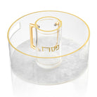 Pearlstone washing bowl with matching cup featuring clear acrylic design, pearl finish base, and gold Hebrew lettering | Waterdale Collection