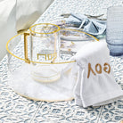 Pearlstone Washing Bowl and Netilat Yadayim Cup Set with clear acrylic bowl and gold trim, matching gold-handled washing cup with Hebrew “Pesach” lettering, elegant Passover hand washing set for Seder table and Jewish holiday décor
