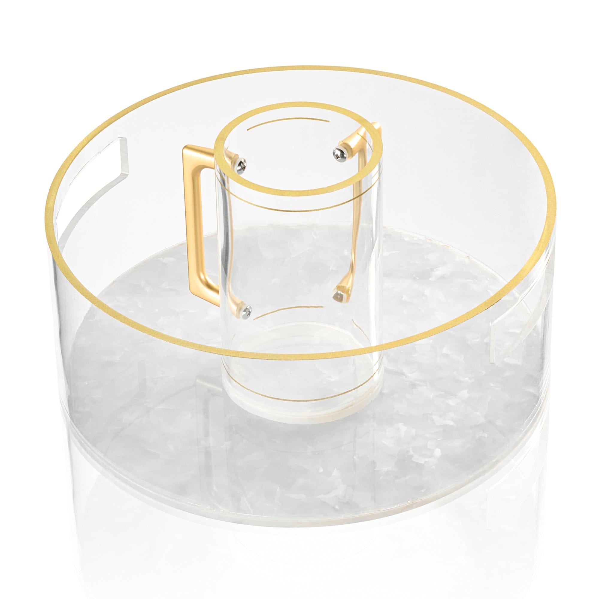 Lucite washing bowl with gold rim and handle on a white background - AFH Bargains