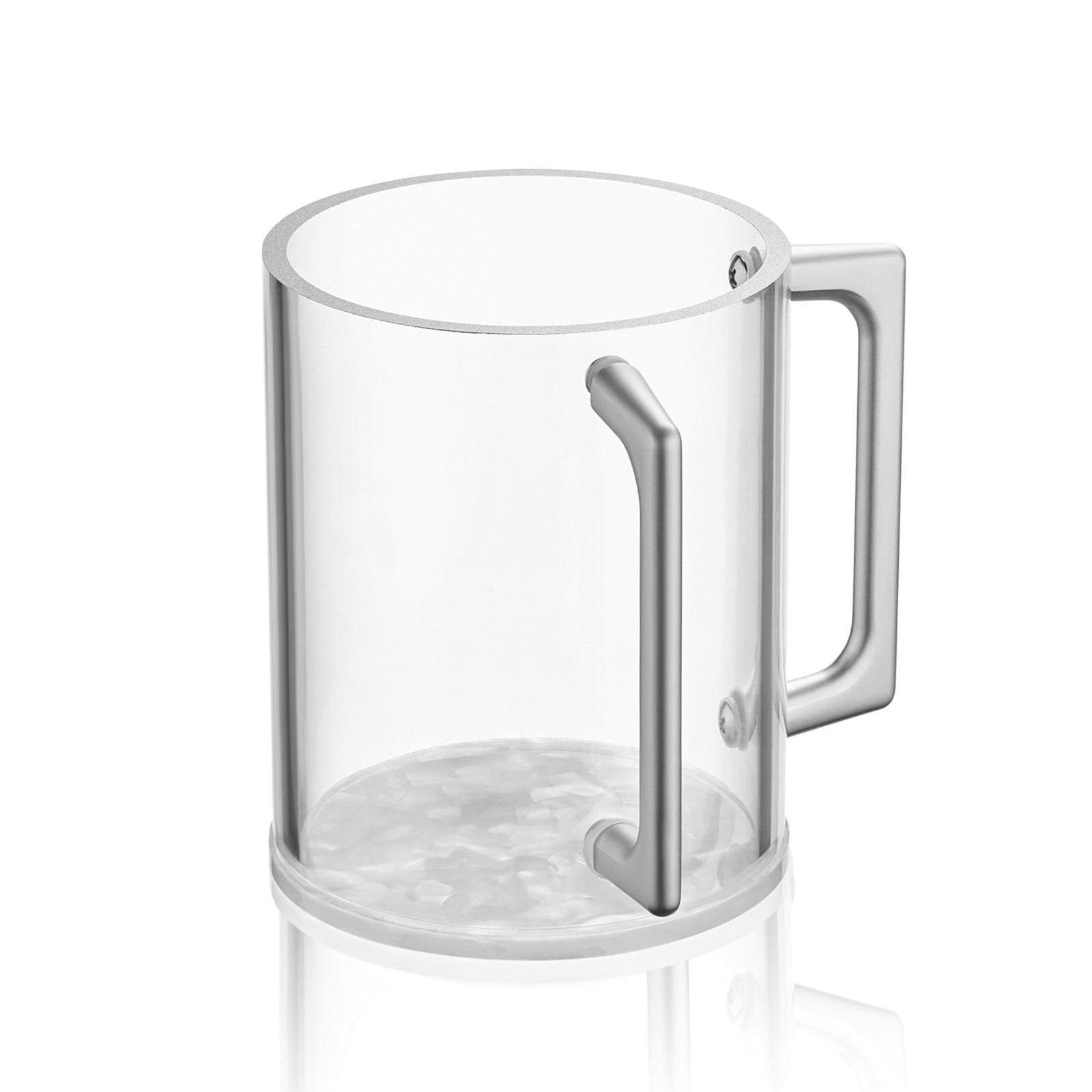 Pearlstone Washing Cup crafted from clear lucite with a pearlstone inlay base and modern silver-tone dual handles.