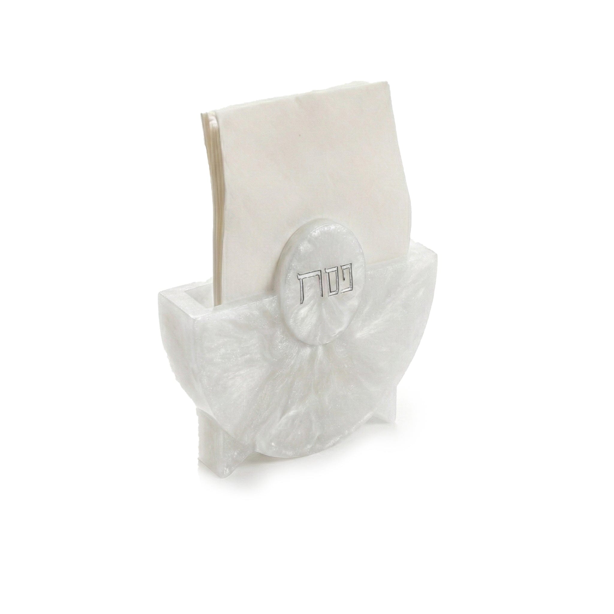 Pesach Resin Napkin Holder in pearlescent white finish with sculpted fan design and round plaque featuring Hebrew “Pesach,” elegant Passover table décor for holding dinner or cocktail napkins