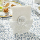 Pesach Resin Napkin Holder in pearlescent white acrylic with sculpted fan design and silver Hebrew “Pesach” plaque, elegant Passover Seder table napkin holder.