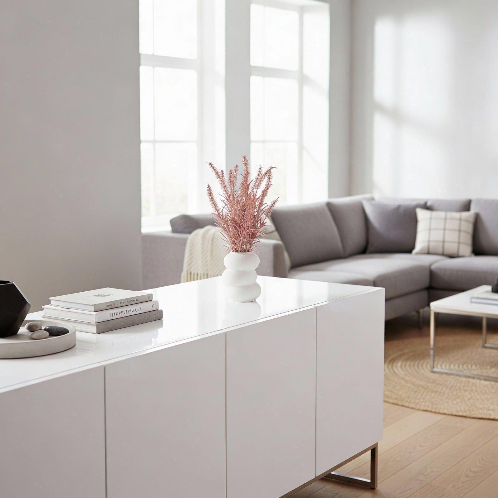 Blush pink circular hollow vase with artificial flowers, elegant centerpiece for Purim Mishloach Manos, spring tablescapes, or luxury hostess gifts.