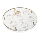 Regal Seder Plate with clear glass wells and gold-trimmed edges, featuring a matching matzah box set for Passover dining.