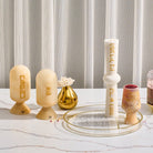 Beige marble-style resin besamim jar with Hebrew lettering displayed with Havdalah set – Waterdale Collection