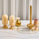 Beige marble-style resin besamim jar with Hebrew lettering displayed with Havdalah set – Waterdale Collection