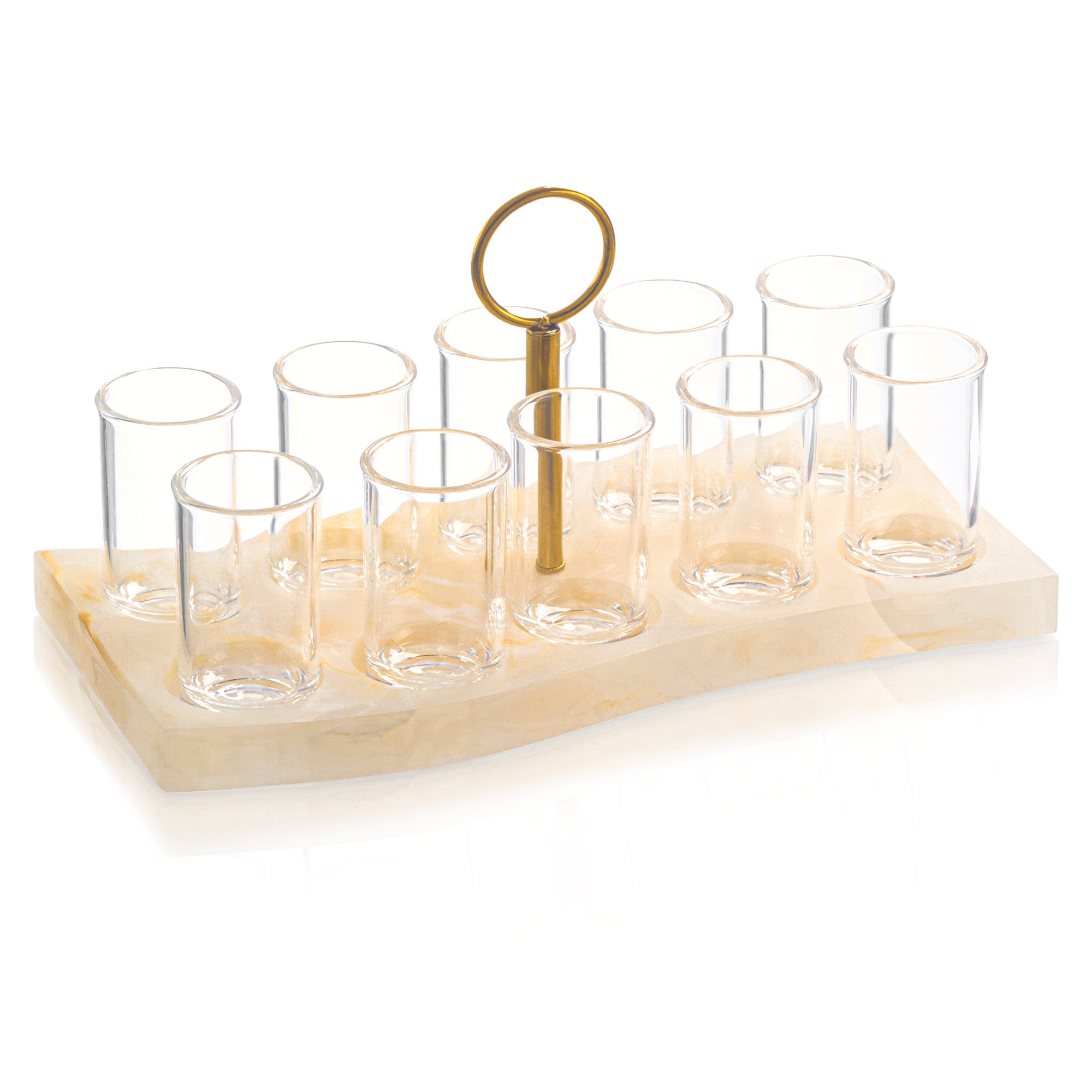 Resin Curve Liquor Set with ten glass cups and a gold ring handle, modern Judaica serving set.