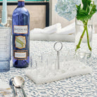 Resin Curve Liquor Set with white marble-look resin tray and silver ring handle, includes multiple clear shot glasses for serving liqueur or schnapps, elegant Judaica barware set for Shabbat, Yom Tov and holiday entertaining.