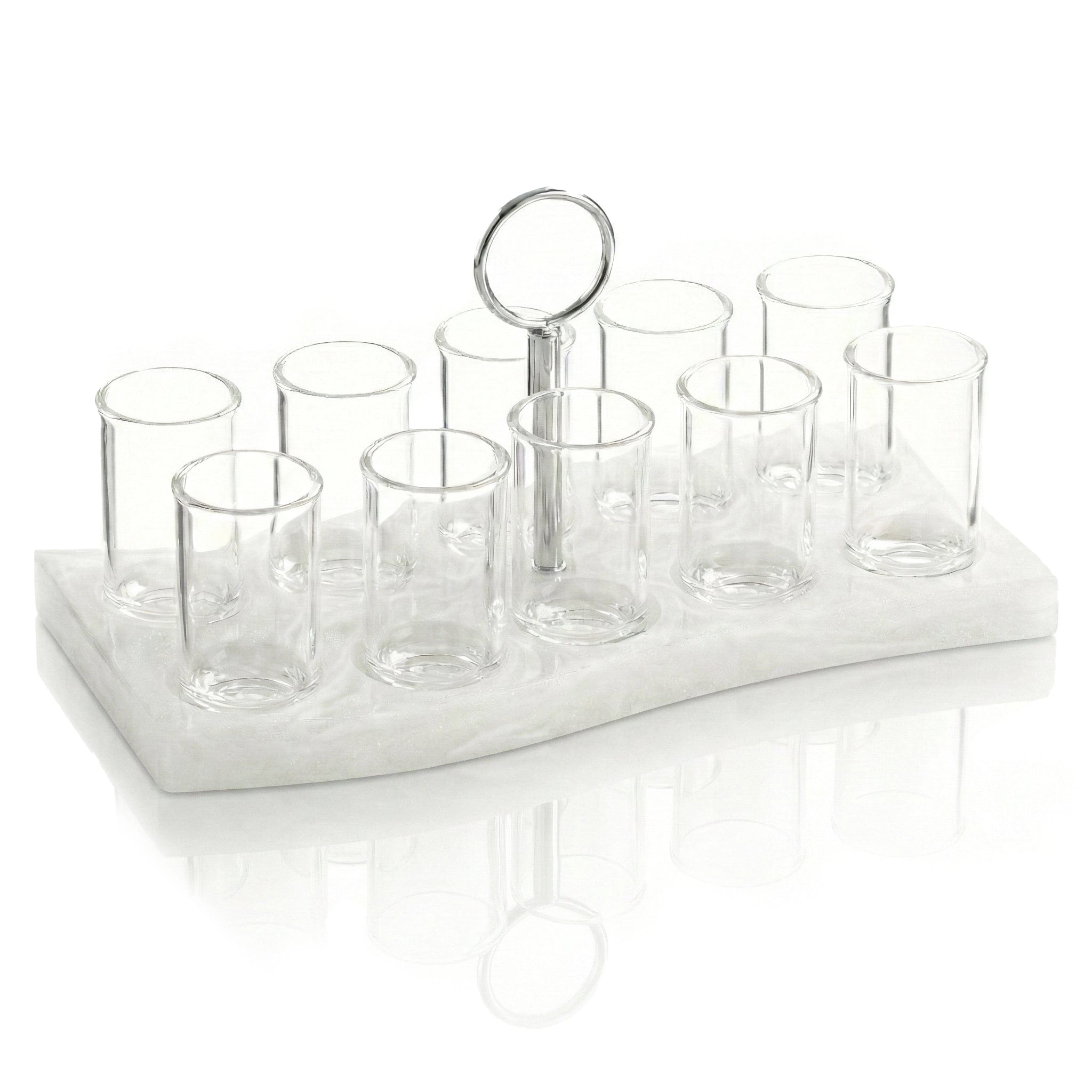 Resin Curve Liquor Set with white marble-look resin base and silver ring handle, includes multiple clear shot glasses for schnapps or liqueur, modern Judaica liquor serving set for Shabbat.