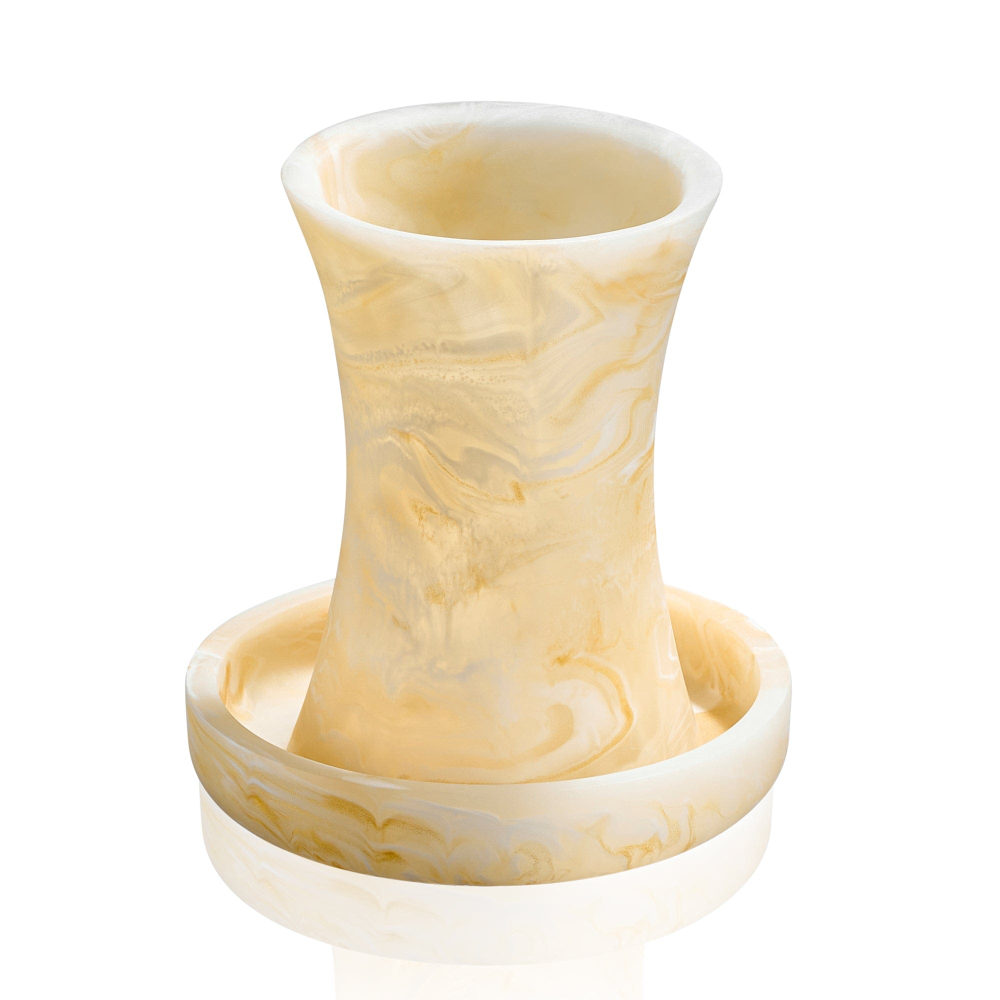 Elegant marble-patterned resin Kiddush cup with a matching drip tray, featuring cream and gold swirled textures.