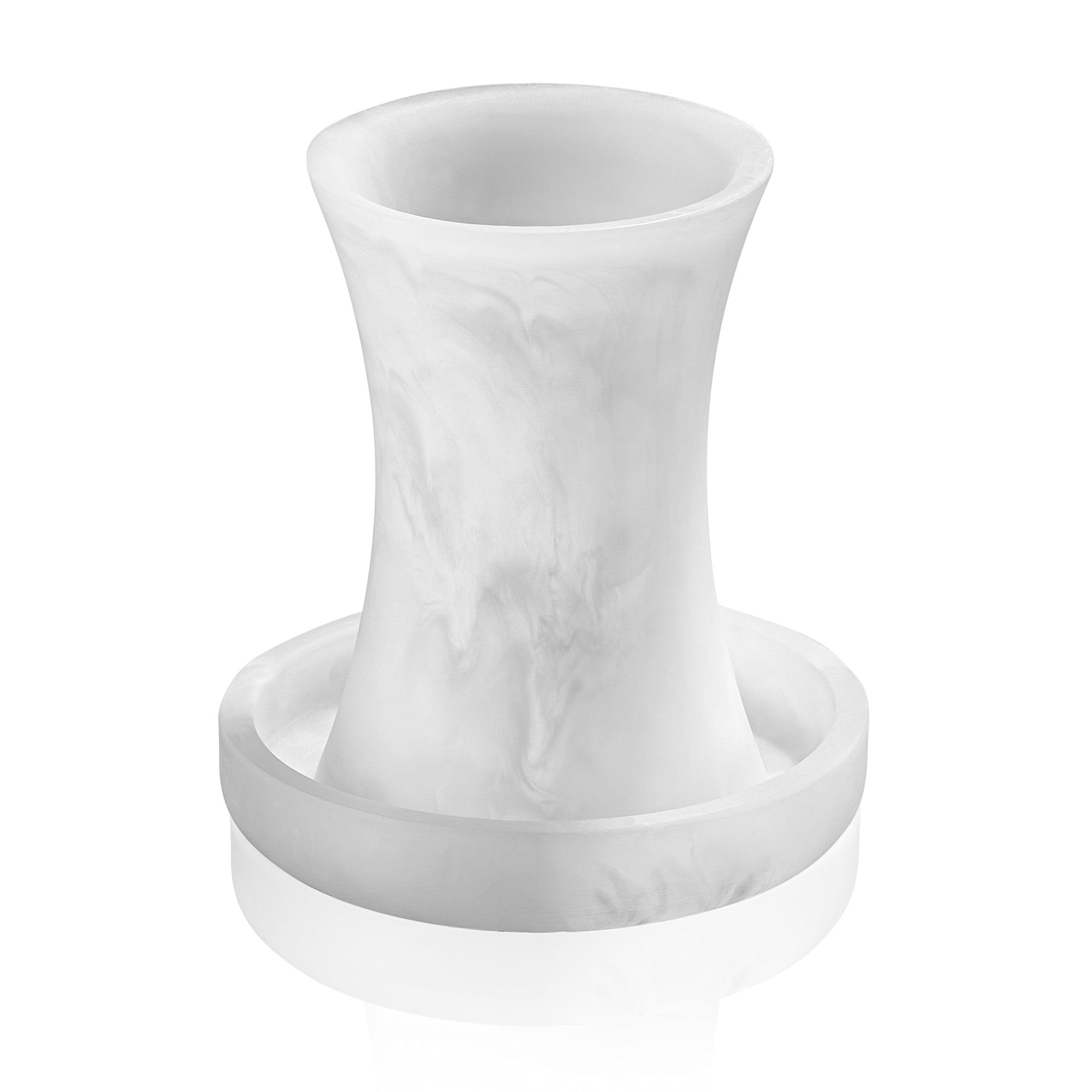 Elegant marble-patterned resin Kiddush cup with a matching drip tray, featuring cream and gold swirled textures.