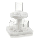 Resin Kiddush Fountain in white marble-look finish with central kiddush cup and matching shot glasses, elegant Judaica wine fountain set for Shabbat, Yom Tov and Jewish holiday table, modern acrylic kiddush fountain gift