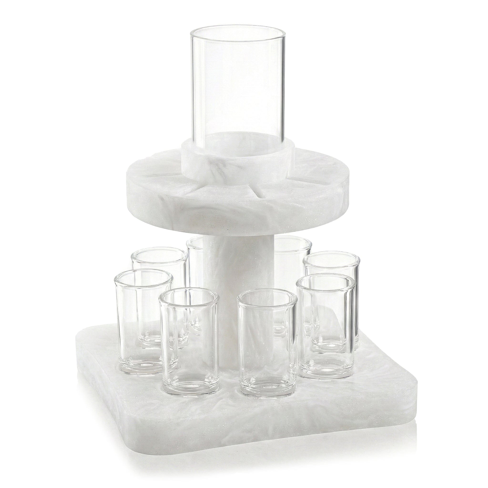 Resin Kiddush Fountain in white marble-look finish with central kiddush cup and matching shot glasses, elegant Judaica wine fountain set for Shabbat, Yom Tov and Jewish holiday table, modern acrylic kiddush fountain gift