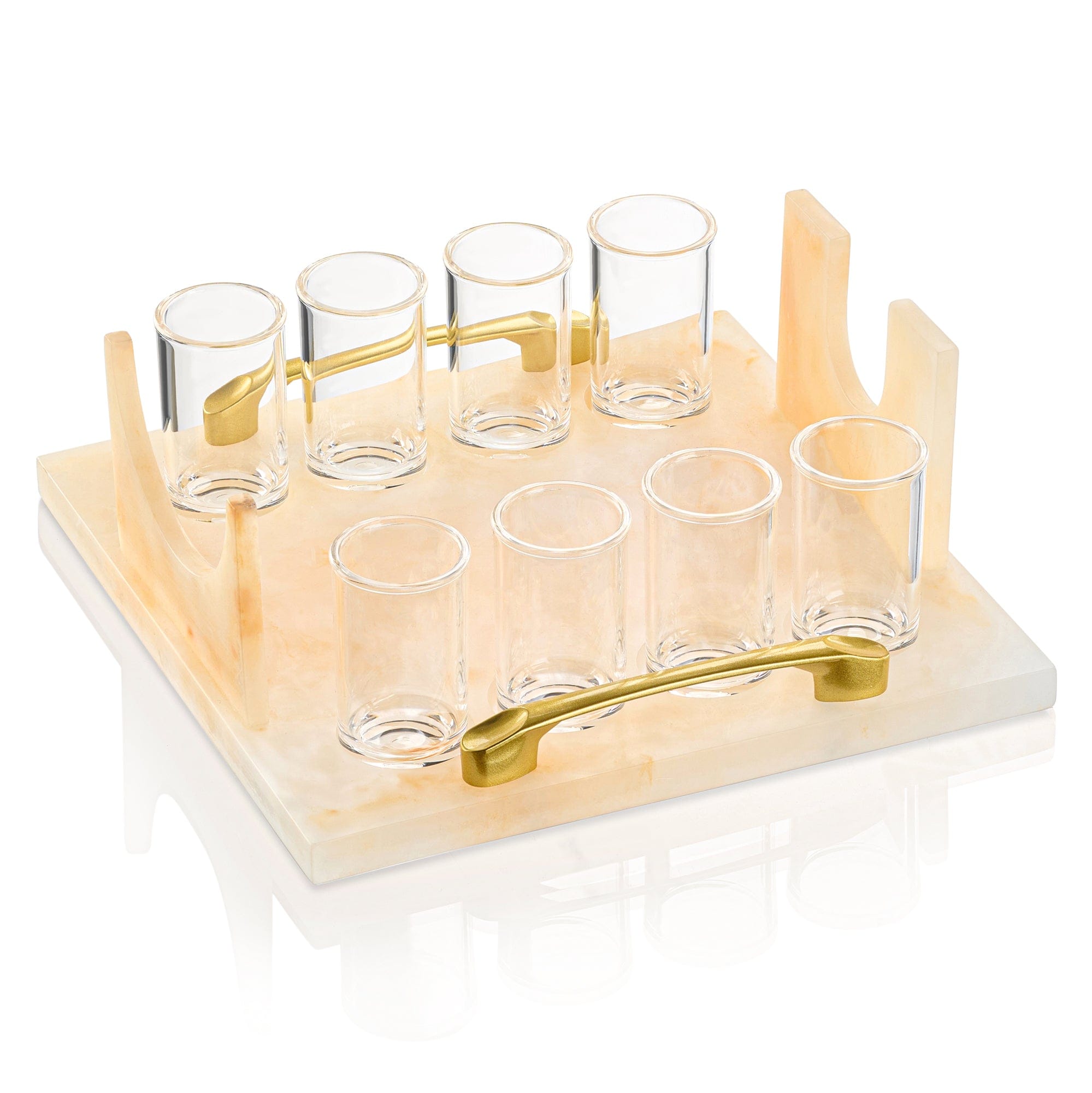 Resin liquor and wine serving set with marble-style stand, gold accents, and multiple clear shot glasses, elegant barware for entertaining | Waterdale Collection