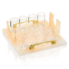 Resin liquor and wine serving set with marble-style stand, gold accents, and multiple clear shot glasses, elegant barware for entertaining | Waterdale Collection