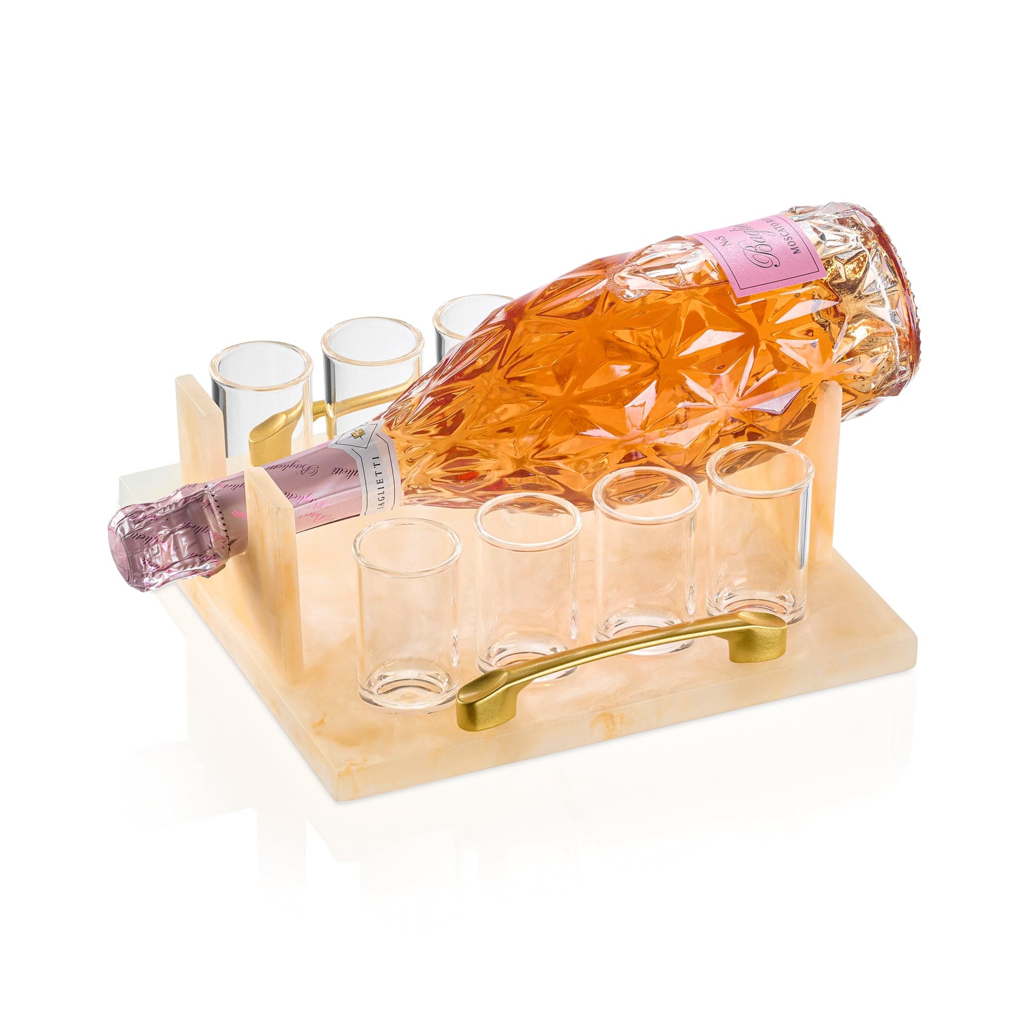 Resin liquor and wine serving set with marble-style stand, gold accents, shot glasses, and bottle holder, elegant barware for entertaining | Waterdale Collection