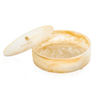 Opened Luxury Gold resin matzah box featuring white and gold marble effect, round Passover storage design, and Hebrew inscription | Waterdale Collection