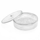 Opened Luxury Silver resin matzah box featuring white and silver marble effect, round Passover storage design, and Hebrew inscription | Waterdale Collection