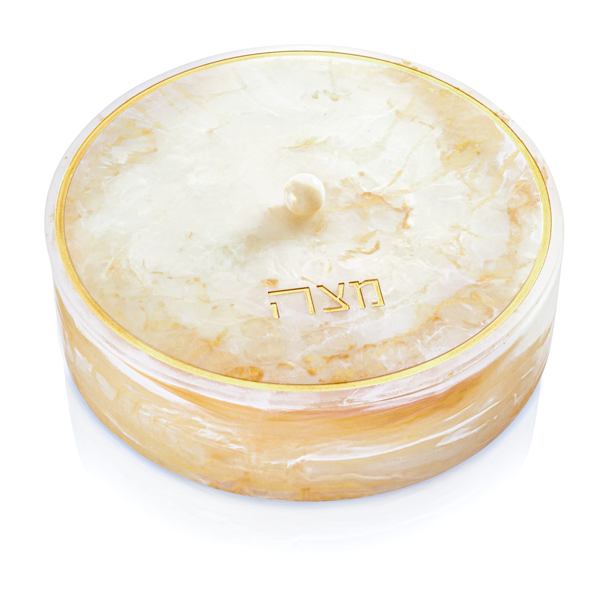 Luxury Gold resin matzah box featuring white and gold marble effect, round Passover storage design, and Hebrew inscription | Waterdale Collection