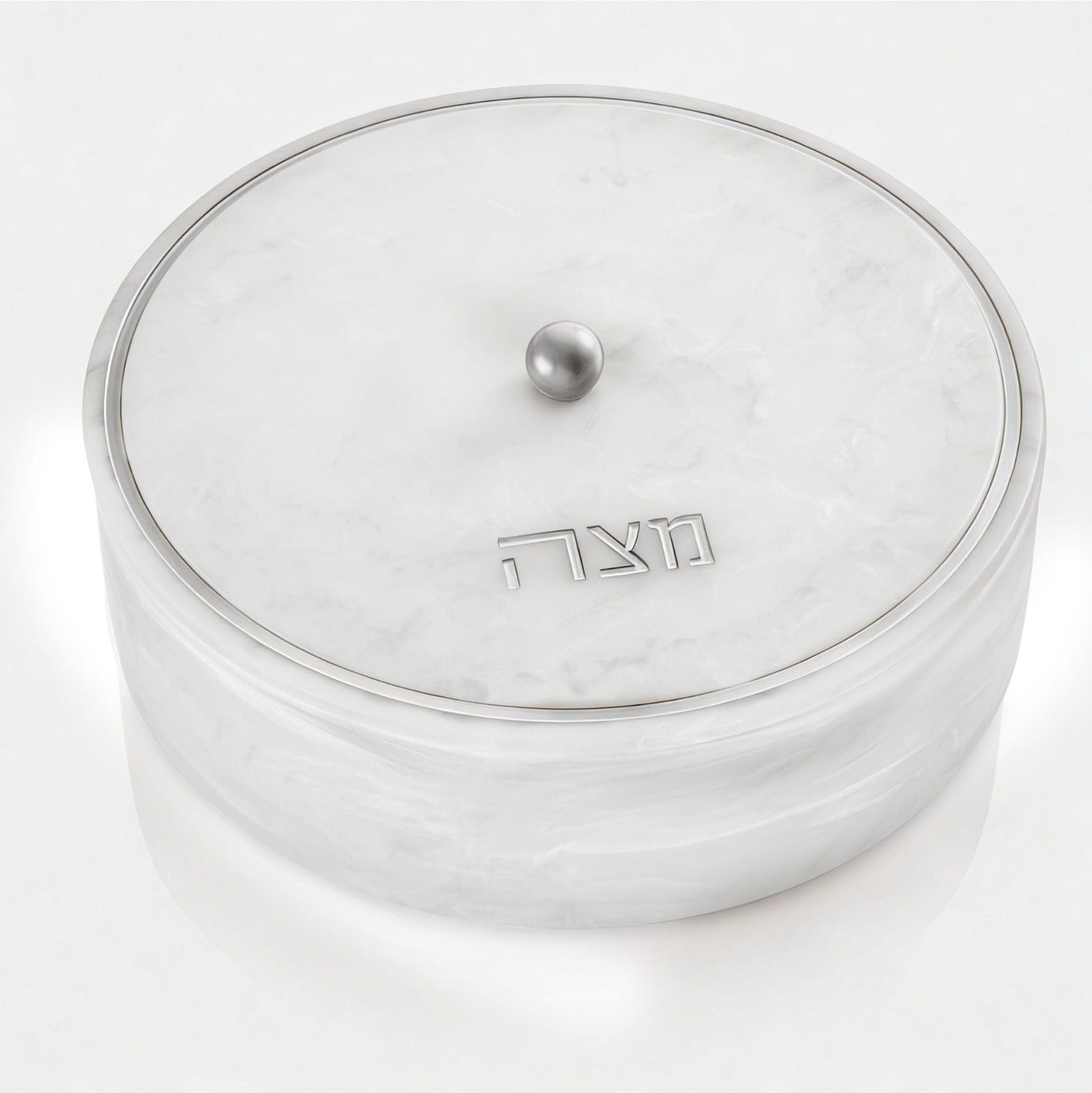 Luxury Silver resin matzah box featuring white and silver marble effect, round Passover storage design, and Hebrew inscription | Waterdale Collection