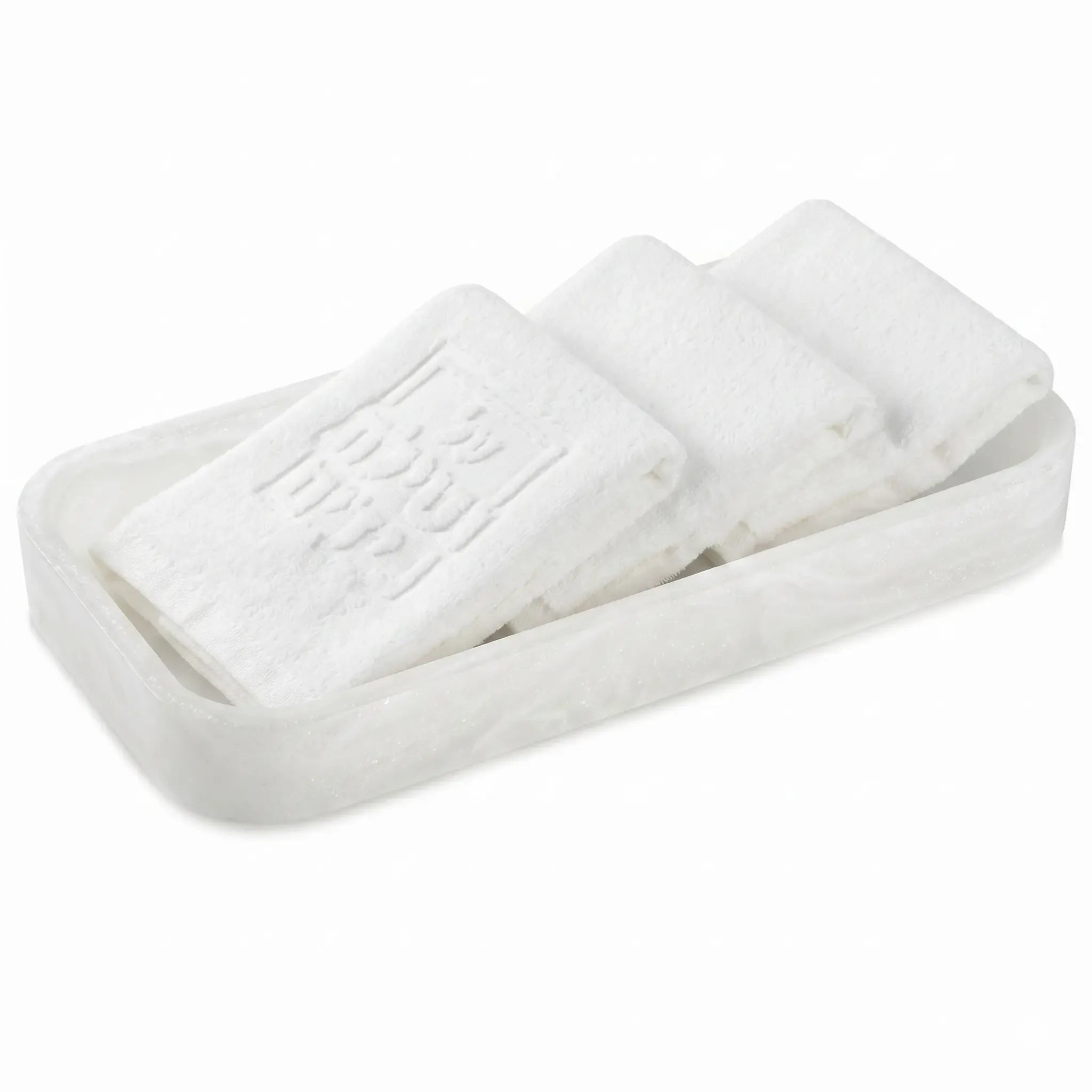 Three white towels on a  marble resin tray with a white background - Waterdale Collection