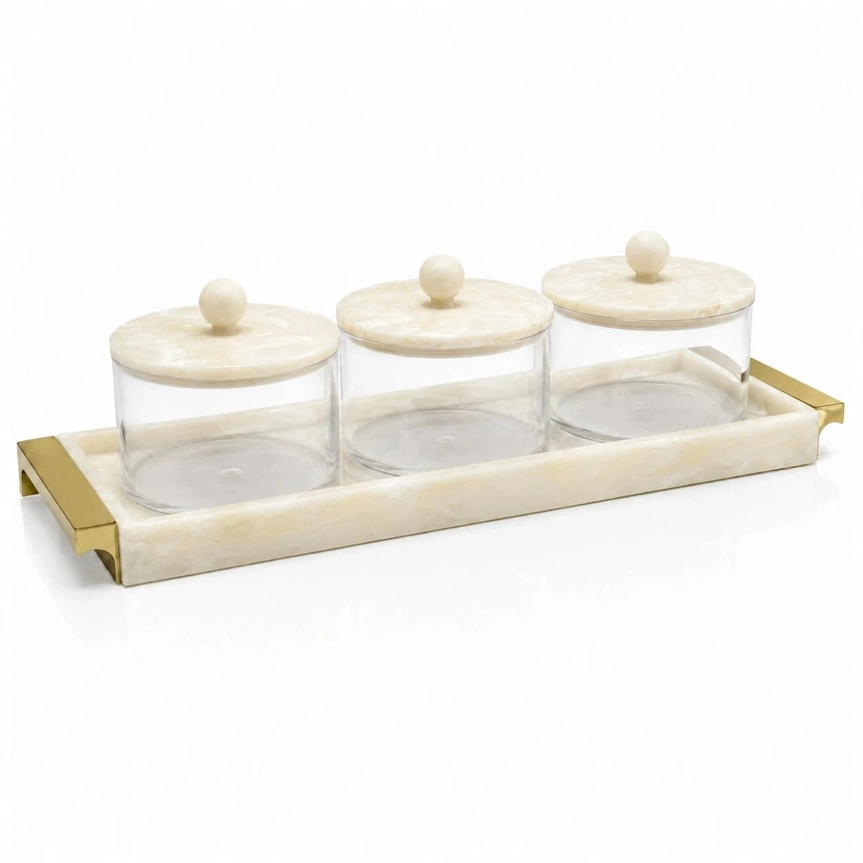 Gold Resin Rectangle Dip Bowl Set with Tray & Spoons | 3 dip bowls with 3 gold spoons and a resin tray holder 