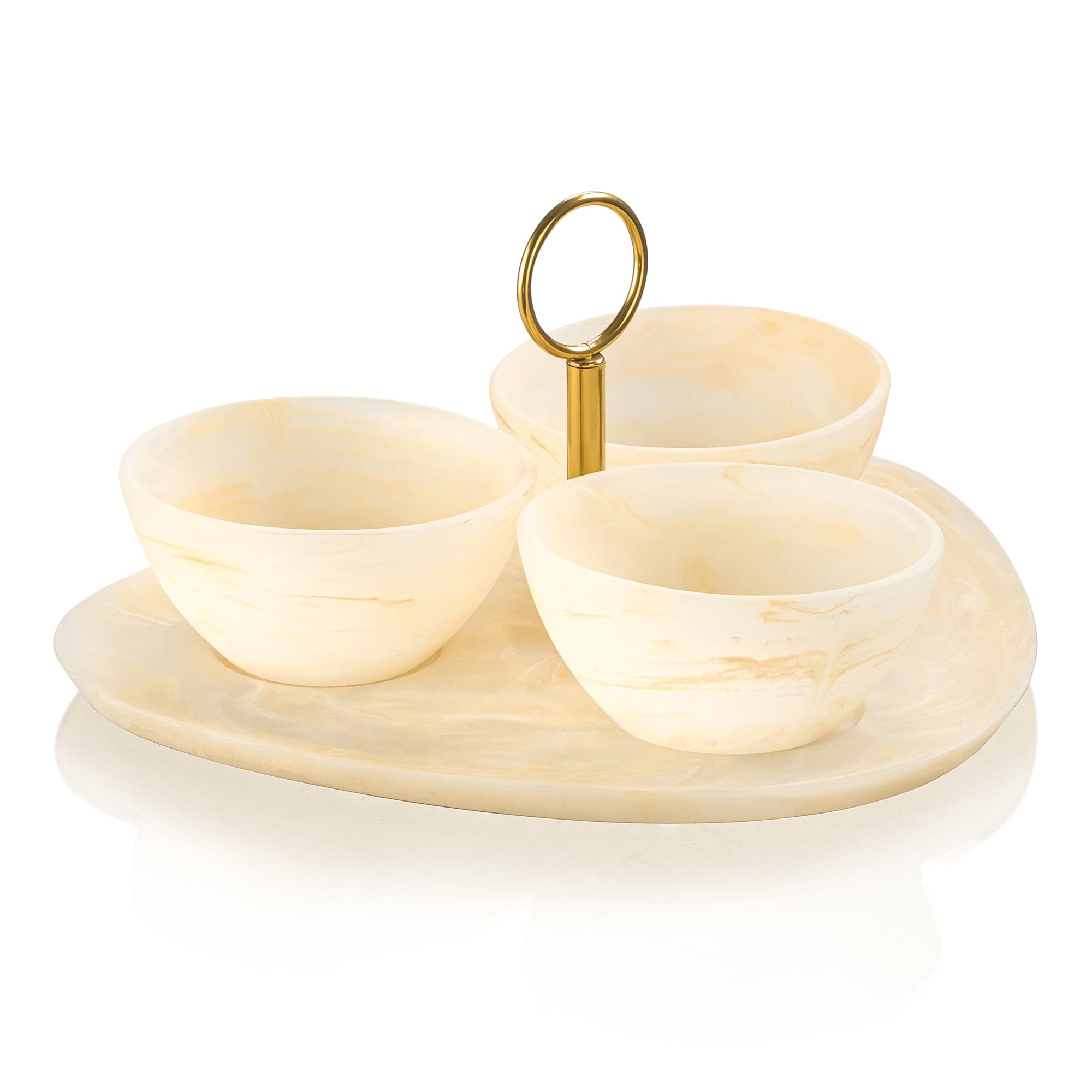Resin 3-Bowl Serving Set featuring a marbled cream round tray with three coordinating bowls and a sleek gold-tone center ring handle, perfect for serving nuts, dips, or candies in elegant, modern style.