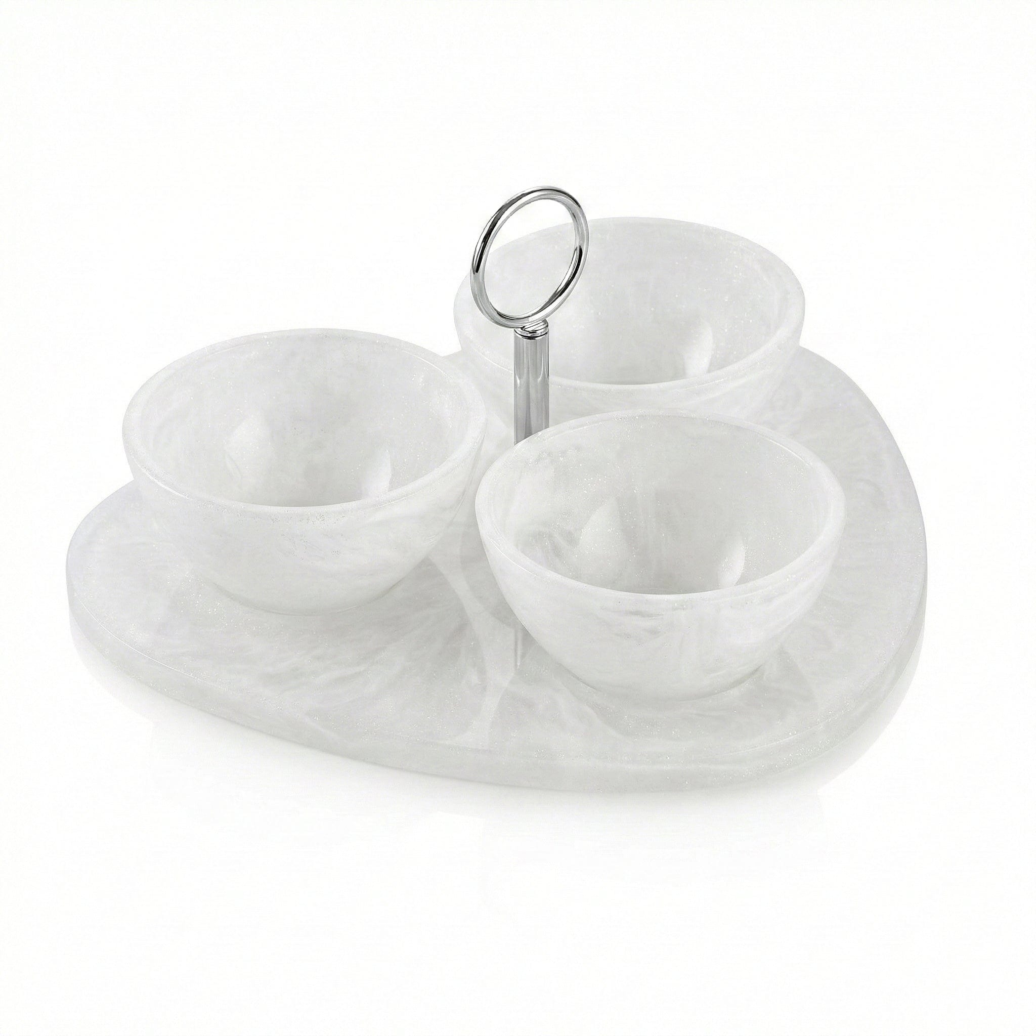 Resin 3-Bowl Serving Set featuring a marbled pearl-tone oval tray with three coordinating bowls and a sleek silver-tone center ring handle, designed in an elegant neutral finish for serving candies.