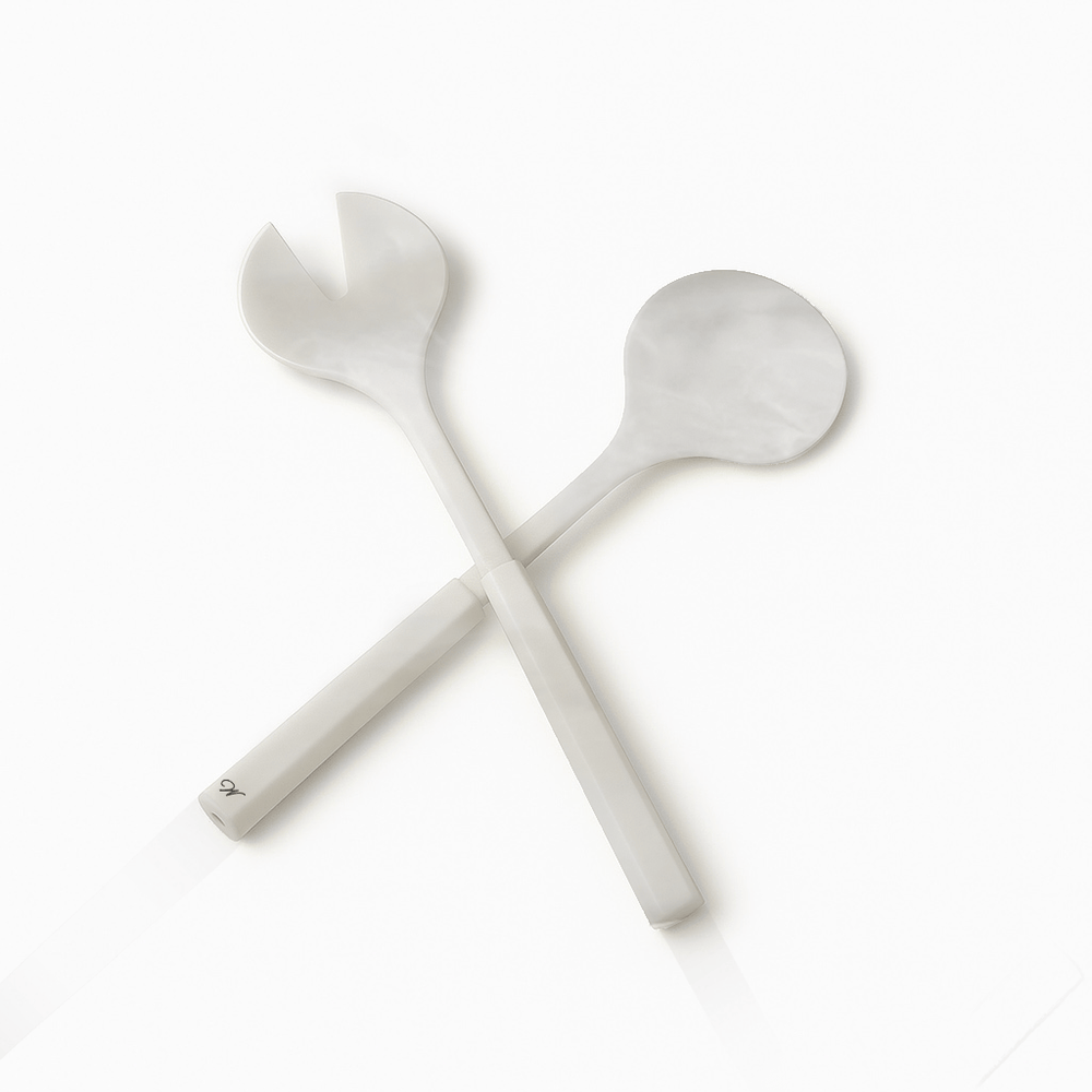 marble resin salad servers on a white background