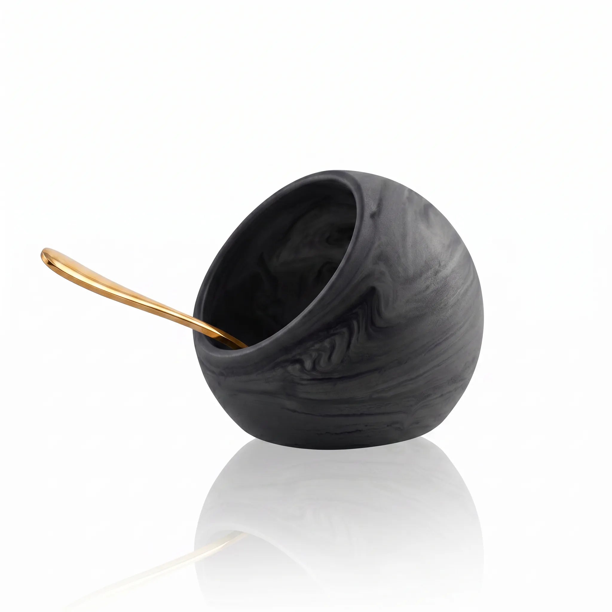 Black resin salt cellar with marble pattern on a white background - waterdale collection