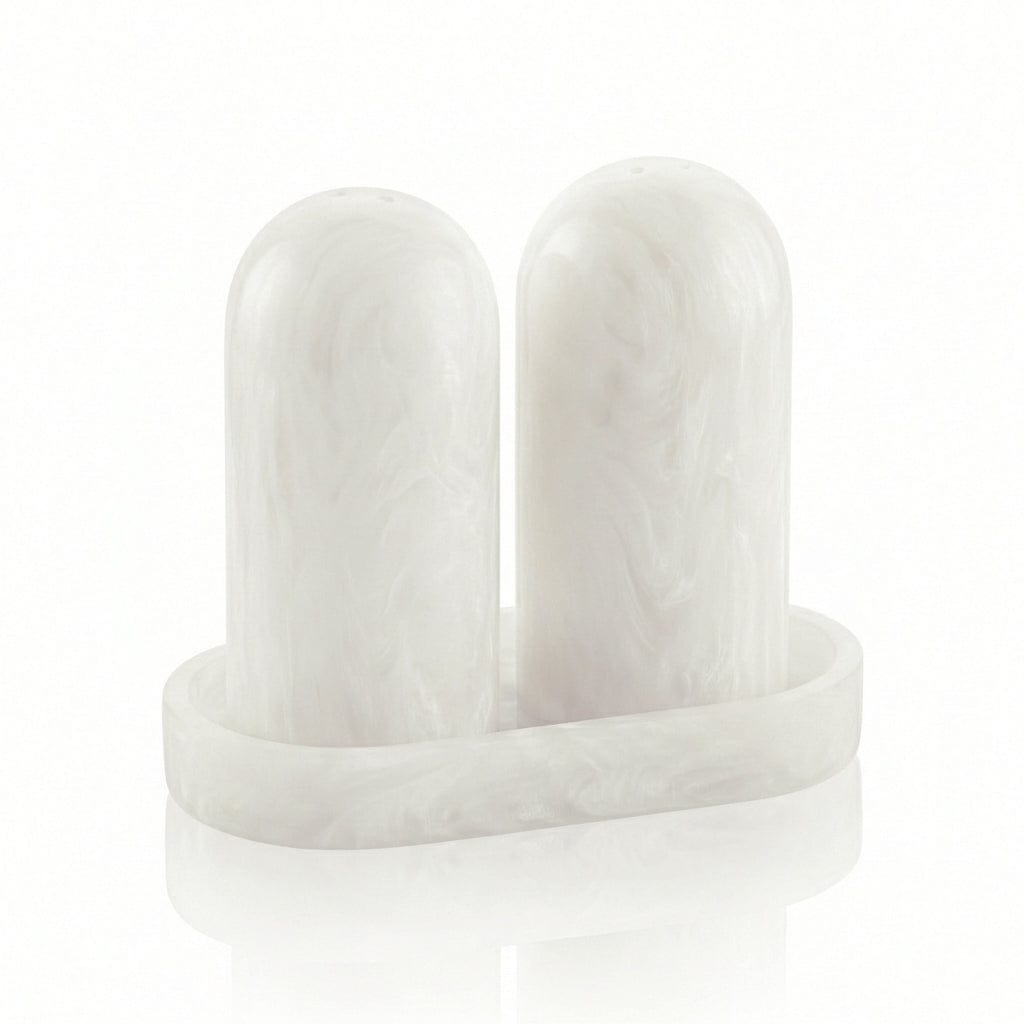 White marble-style resin salt shaker set with tray – Waterdale Collection
