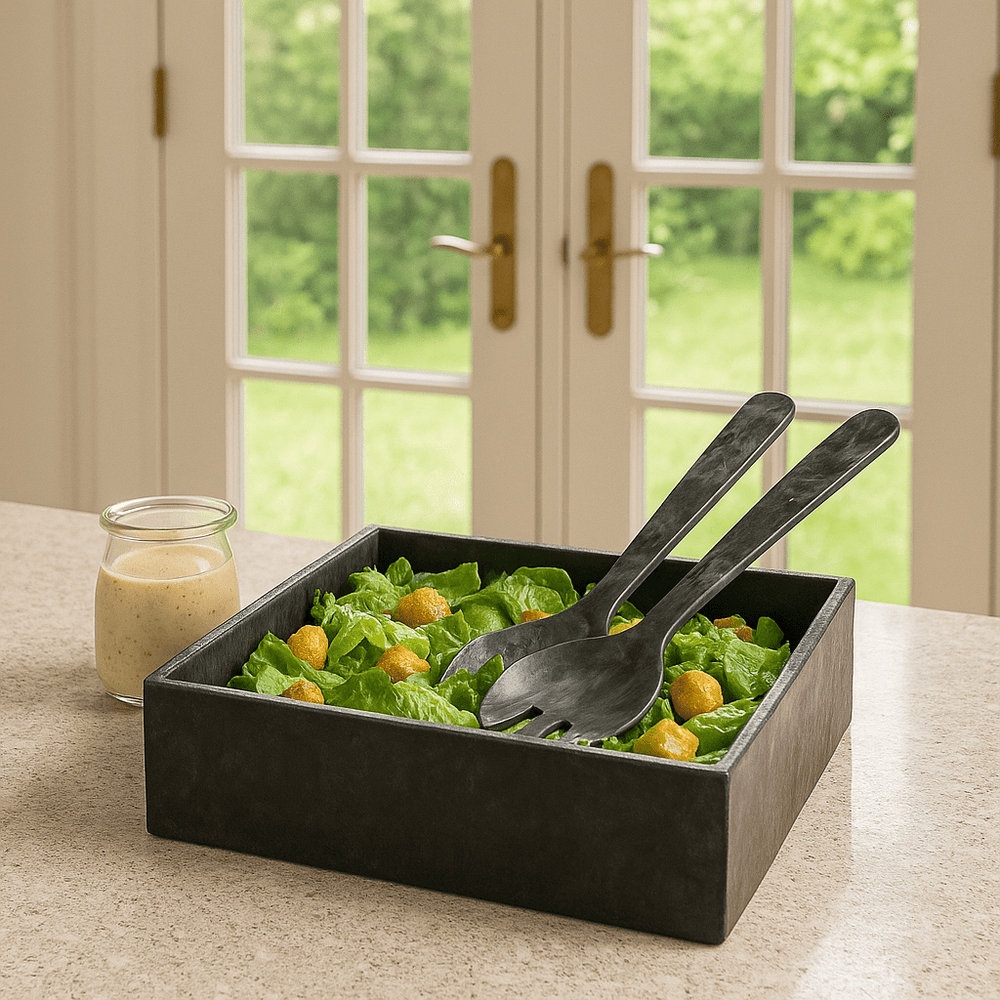 Resin Square Salad Bowl with fresh Caesar salad and a creamy dressing on the side.