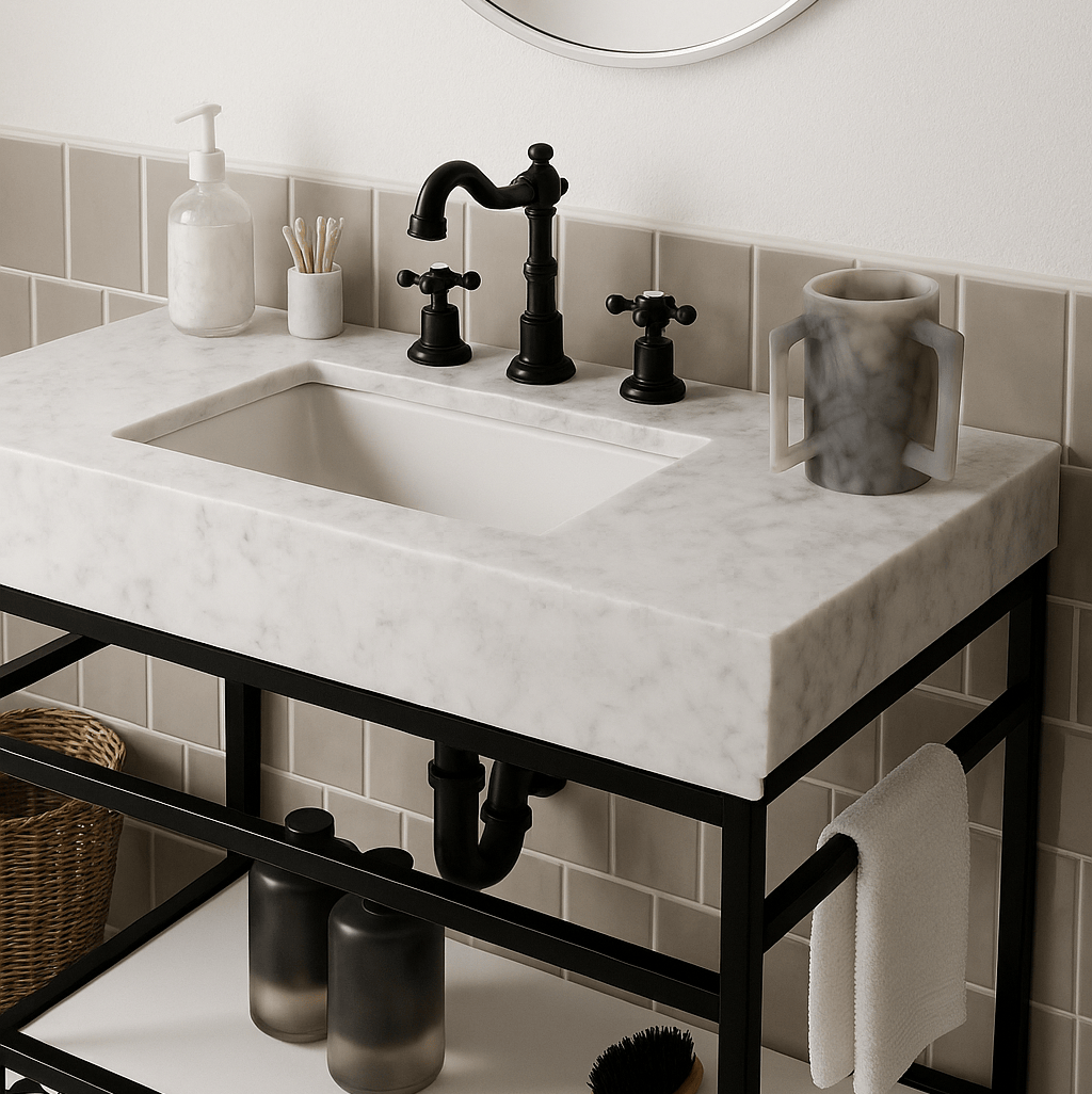 Matte gray resin washing cup shown on a modern white marble bathroom vanity next to a black three-hole widespread faucet - Waterdale Collection