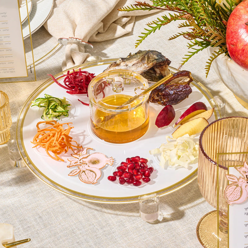 Round Simanim tray with a built-in Shana Tova honey jar for Rosh Hashana