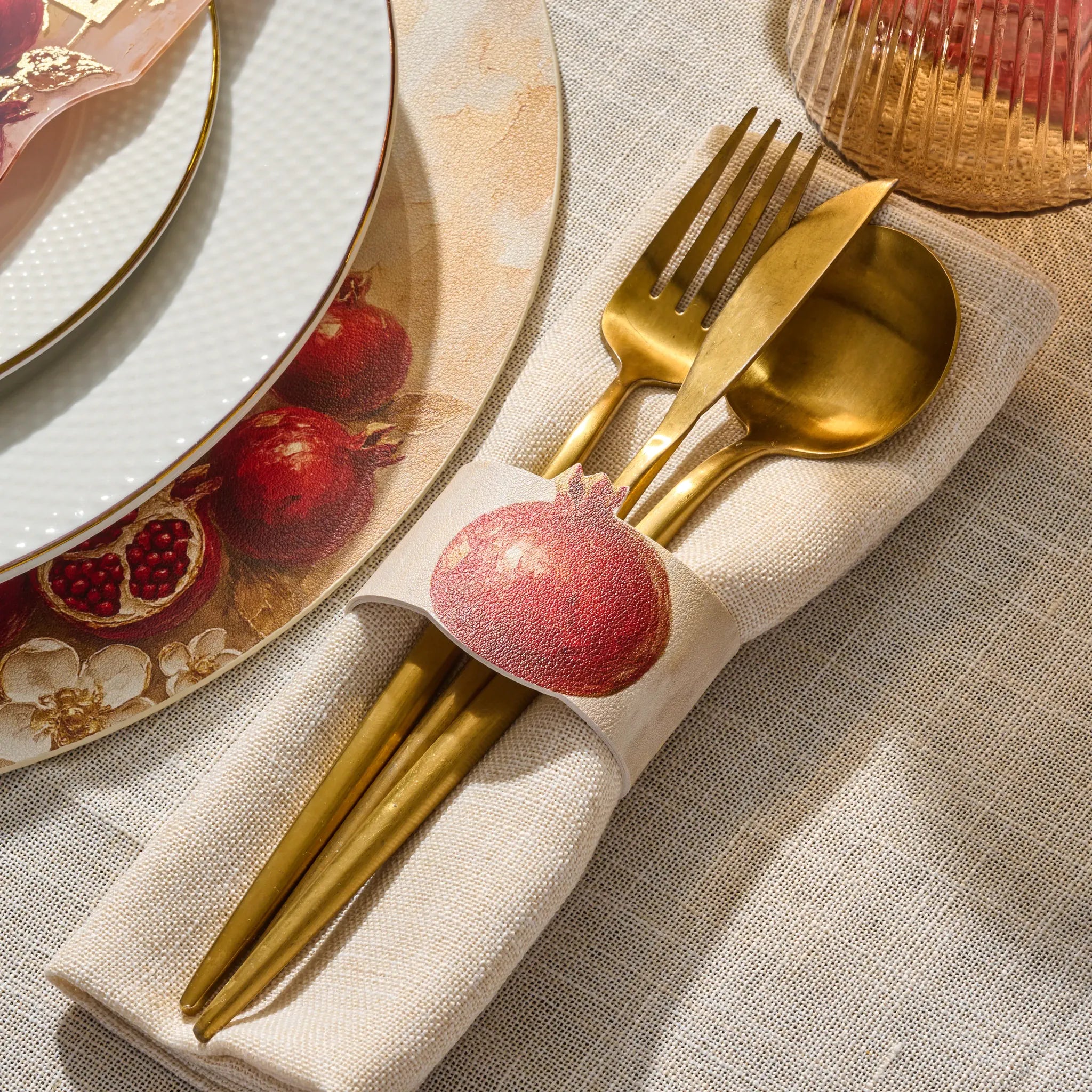 PU-NW-POM-PA Rosh Hashana Leather Painted Pomegranate Napkin Wrap