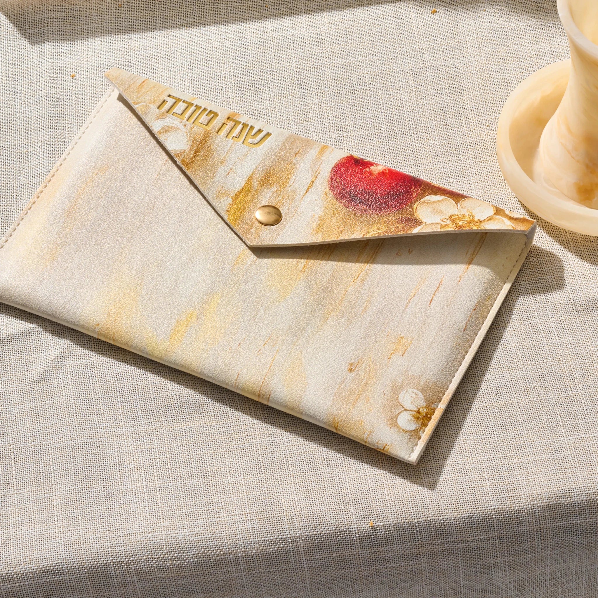 Rosh Hashana Pomegranate Leather Simanim Card & Pouch - Waterdale Collection