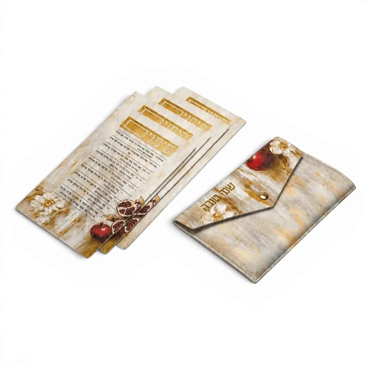 Rosh Hashana Pomegranate Leather Simanim Card & Pouch - Waterdale Collection