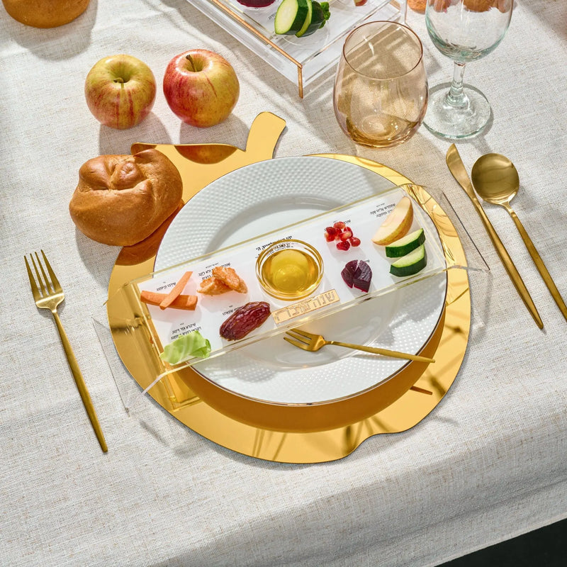 Rosh Hashanah 2025 Classic 2.0 tablescape featuring painted ceramic plates, gold accents, and traditional holiday place settings with beverages.