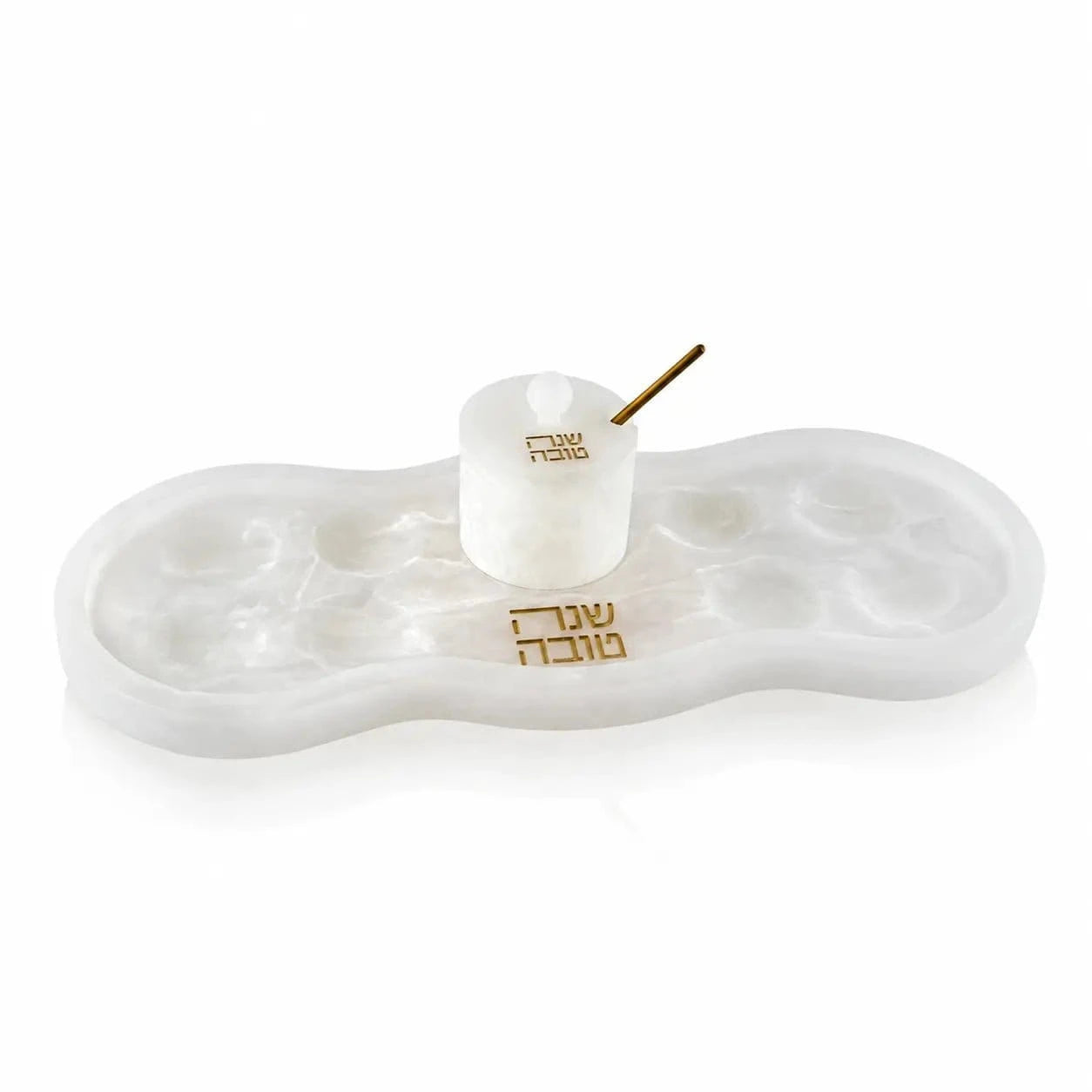 Marble Curve resin Simanim tray with a matching honey dish, from Waterdale Collection