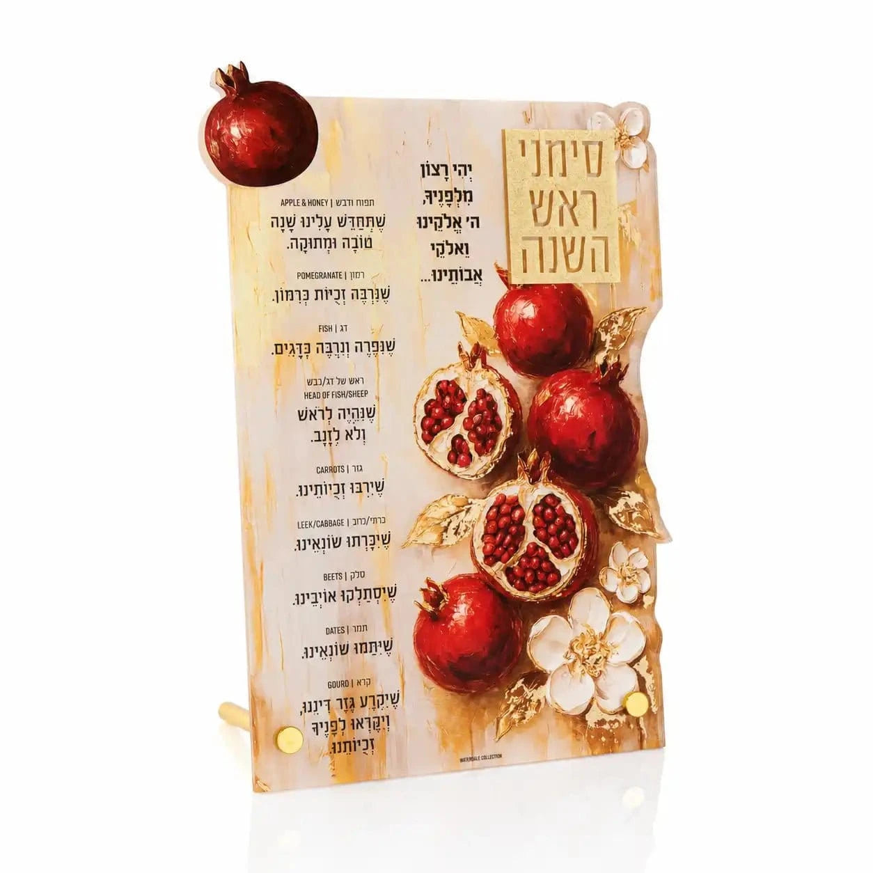 Painted pomegranate Simanim plaque with the yehi ratzon blessings, from Waterdale Collection