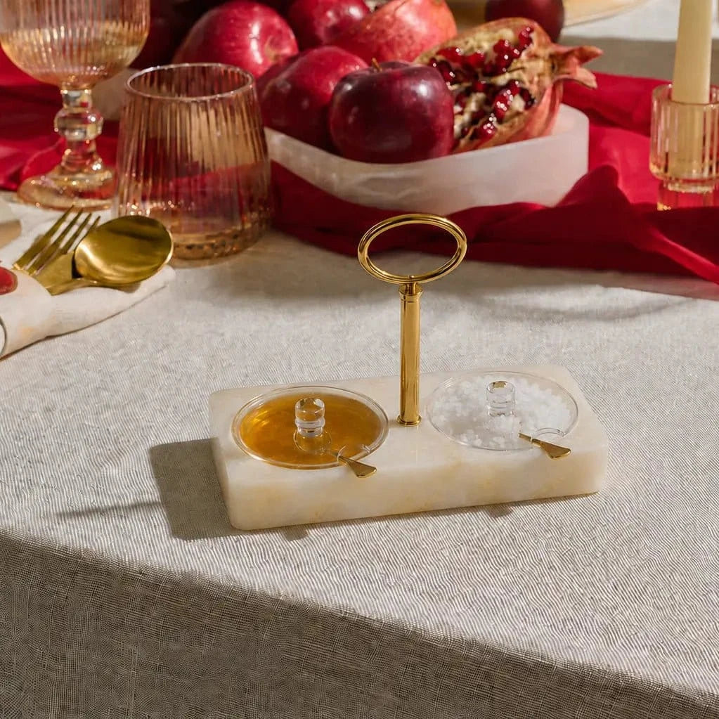 Honey and salt dish styled on a Rosh Hashana tablescape