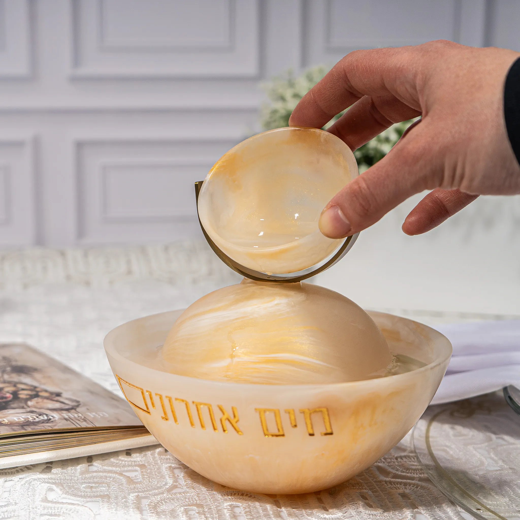 Pouring Resin Mayim Achronim on a shabbos table - Waterdale collection