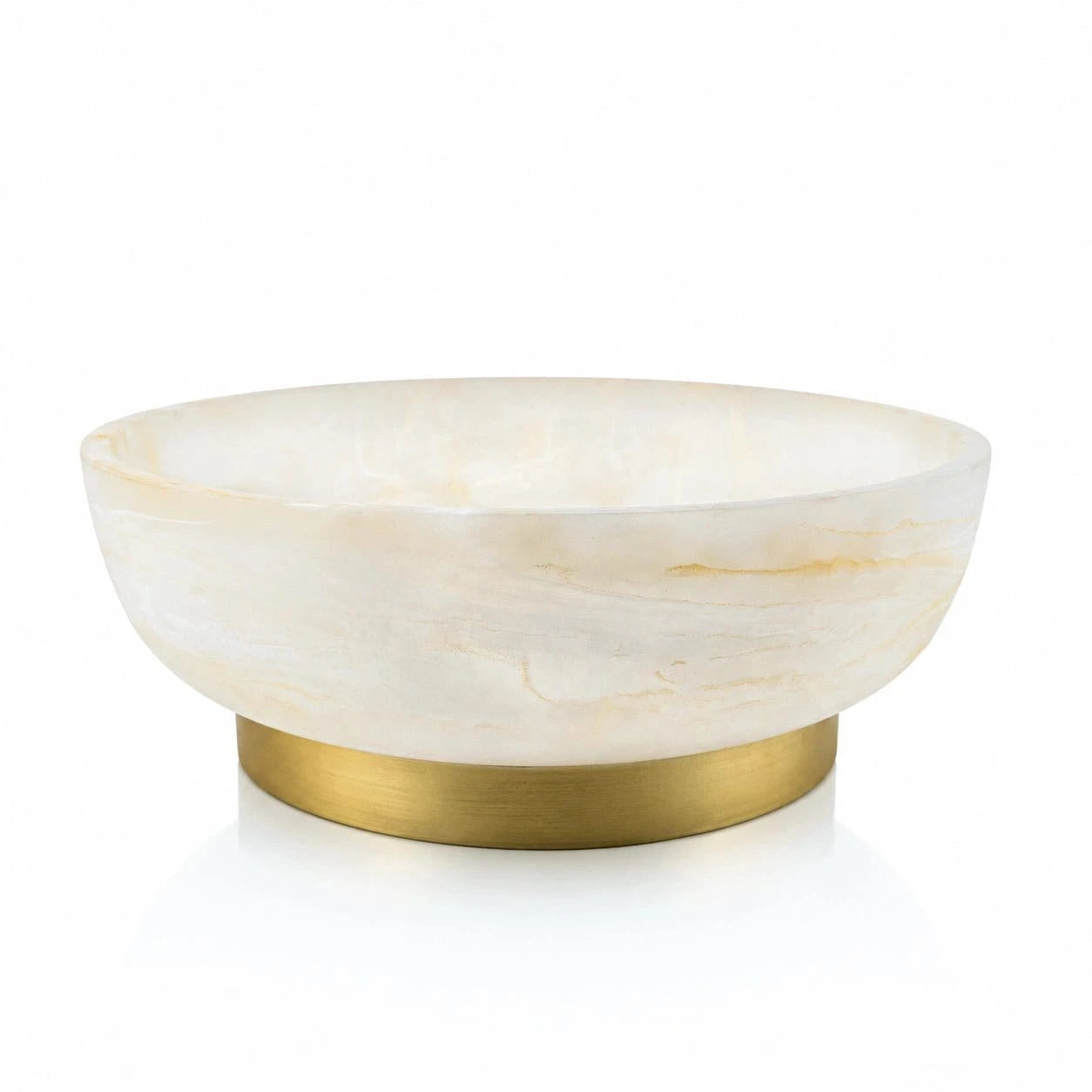 A round gold resin centerpiece bowl with a brushed gold metal base, shown on a clean white background.