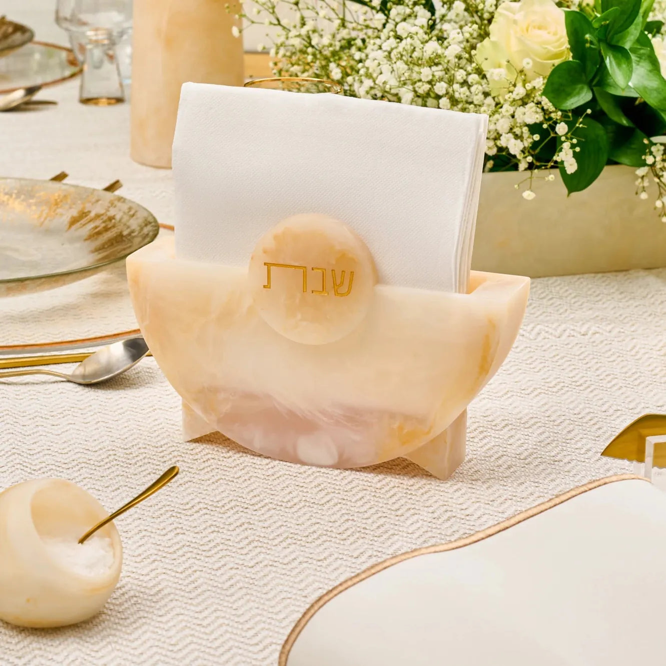 round resin shabbos napkin holder on a set shabbos table - Waterdale collection