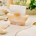 round resin shabbos napkin holder on a set shabbos table - Waterdale collection
