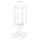 Square metal besamim holder with pedestal base, clear glass container on top, silver finish, Shabbat spice jar for Jewish home use.