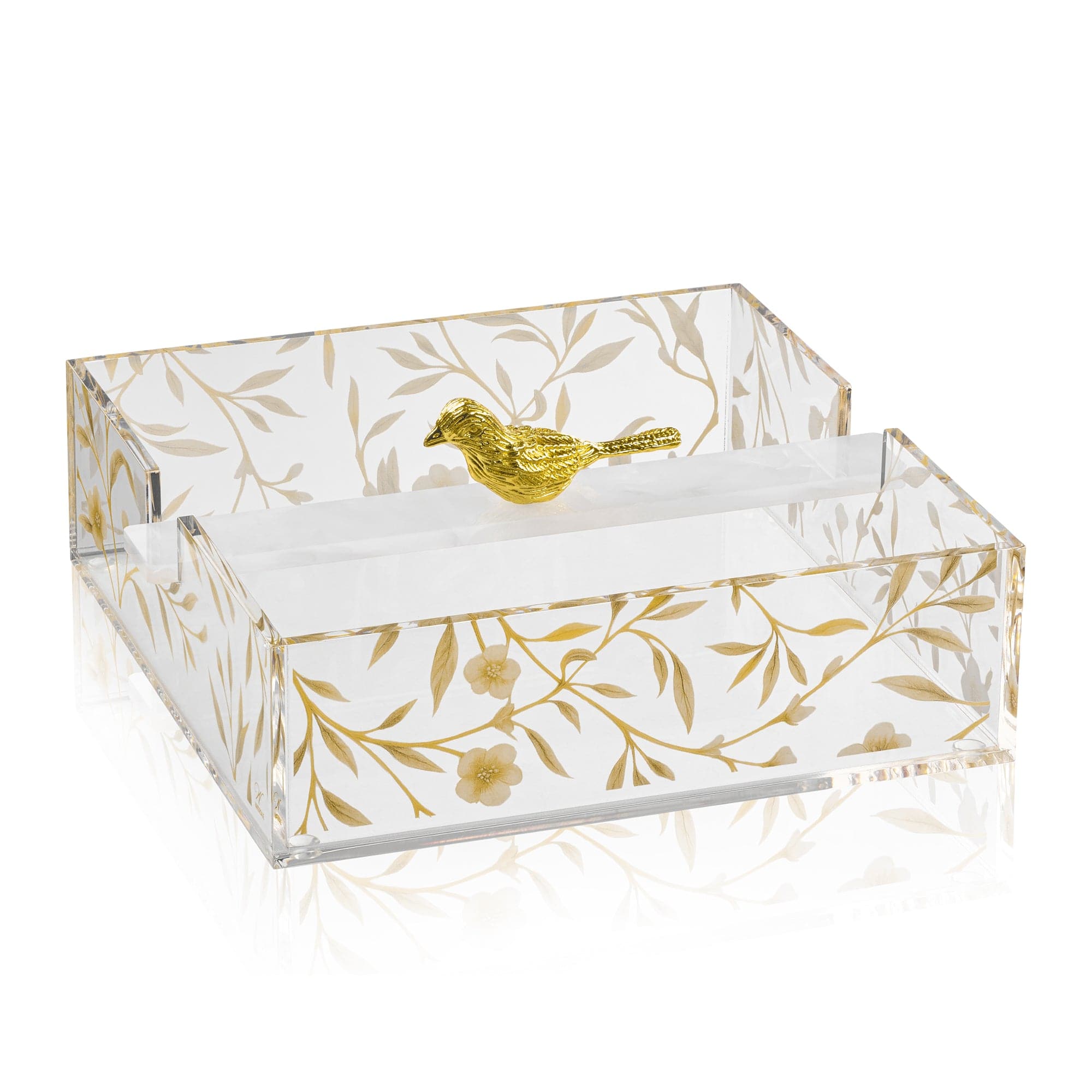 Square floral napkin holder with clear acrylic sides, gold botanical pattern, and decorative gold bird accent