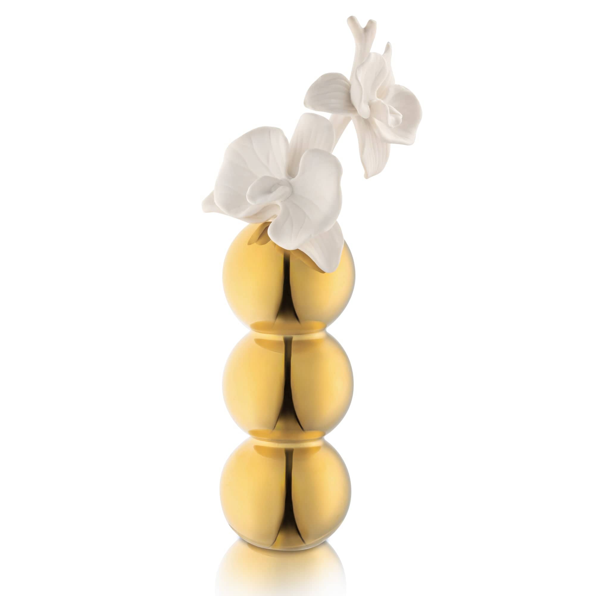 Minimalist stacked glass sphere diffuser by Waterdale Collection, featuring a realistic faux flower reed for sophisticated Shabbat and holiday home styling.