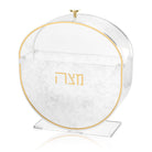 Standing Pearlstone matzah box with clear acrylic arch lid, gold accents, and Hebrew text, elegant Passover table decor | Waterdale Collection