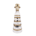 Modern clear glass wine decanter featuring elegant horizontal gold metallic stripes and a matching gold-tone topper.